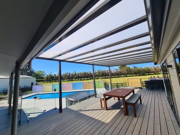 Ally-Golla aluminium shade canopy installed over an outdoor area at a Waikato home