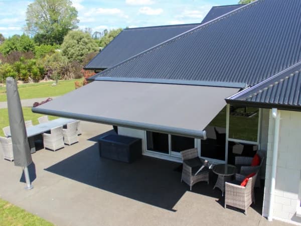 Fetuna cassette awning extended over an outdoor space