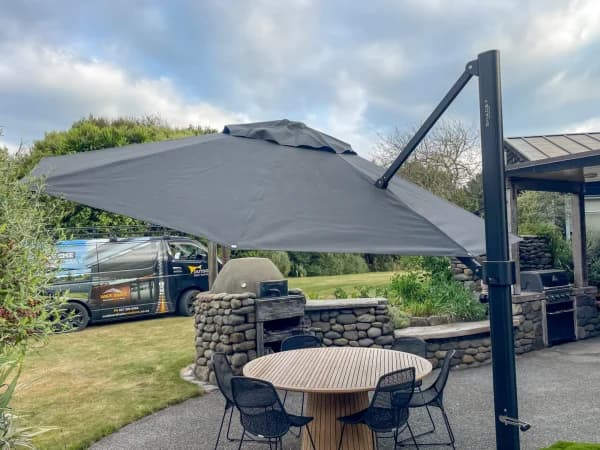 Shade7 outdoor umbrella over an entertaining area
