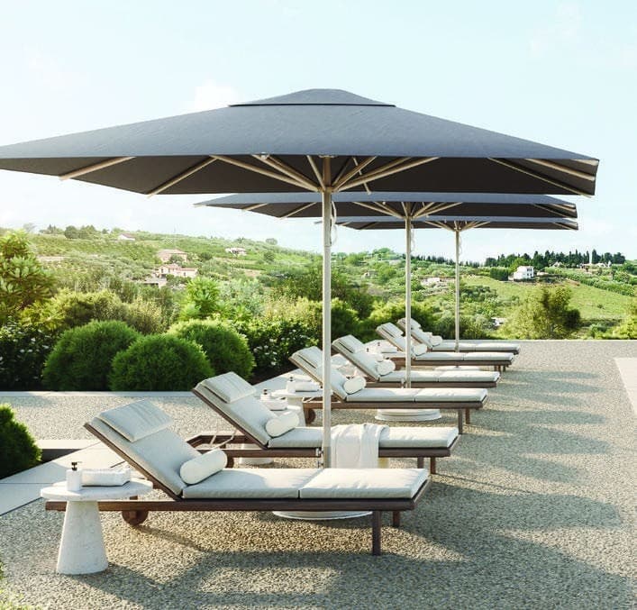 Grey Shade7 Alfresco umbrellas above a row of sun loungers
