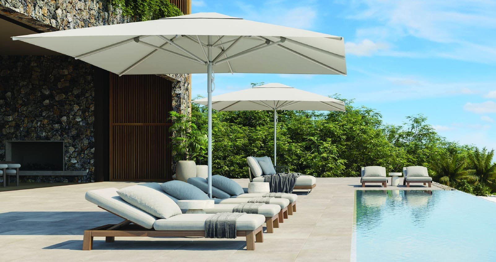 White Shade7 Alfresco umbrellas shading a clifftop pool terrace
