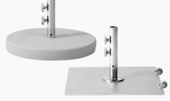 Round concrete and square stainless steel Shade7 outdoor umbrella bases