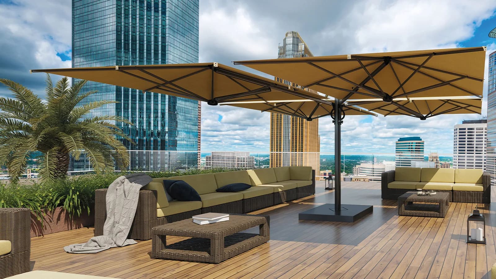 Shade7 Galaxy multi-canopy umbrella over a rooftop terrace lounge