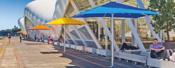 Shade7 Tempest commercial umbrellas shading an Auckland courtyard