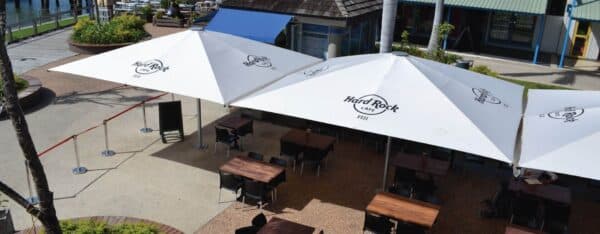 Giant square Shade7 Tempest umbrellas at a Fiji resort