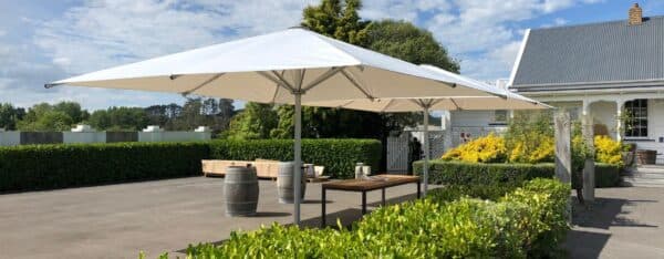 5m square Shade7 Tempest umbrella at a hunting lodge