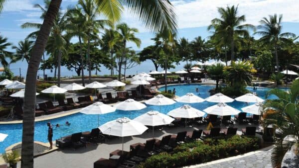 Shade7 Venice outdoor sun umbrellas at a Fiji resort